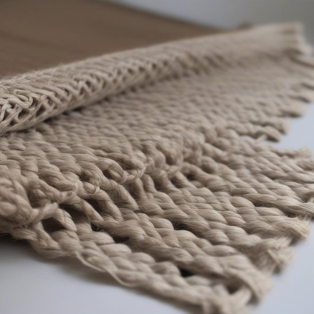 Woven table runner made from natural fibers like jute and cotton, displaying intricate patterns and earthy tones, perfect for a rustic or bohemian dining table.