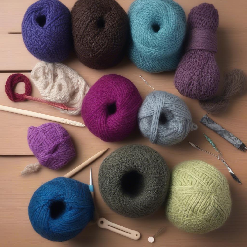 Variety of yarn skeins and crochet hooks for making a basket weave hat