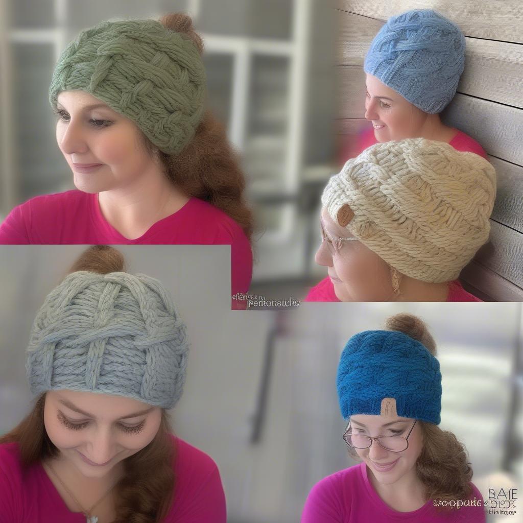 Different yarn weights and colors for a basket weave messy bun hat