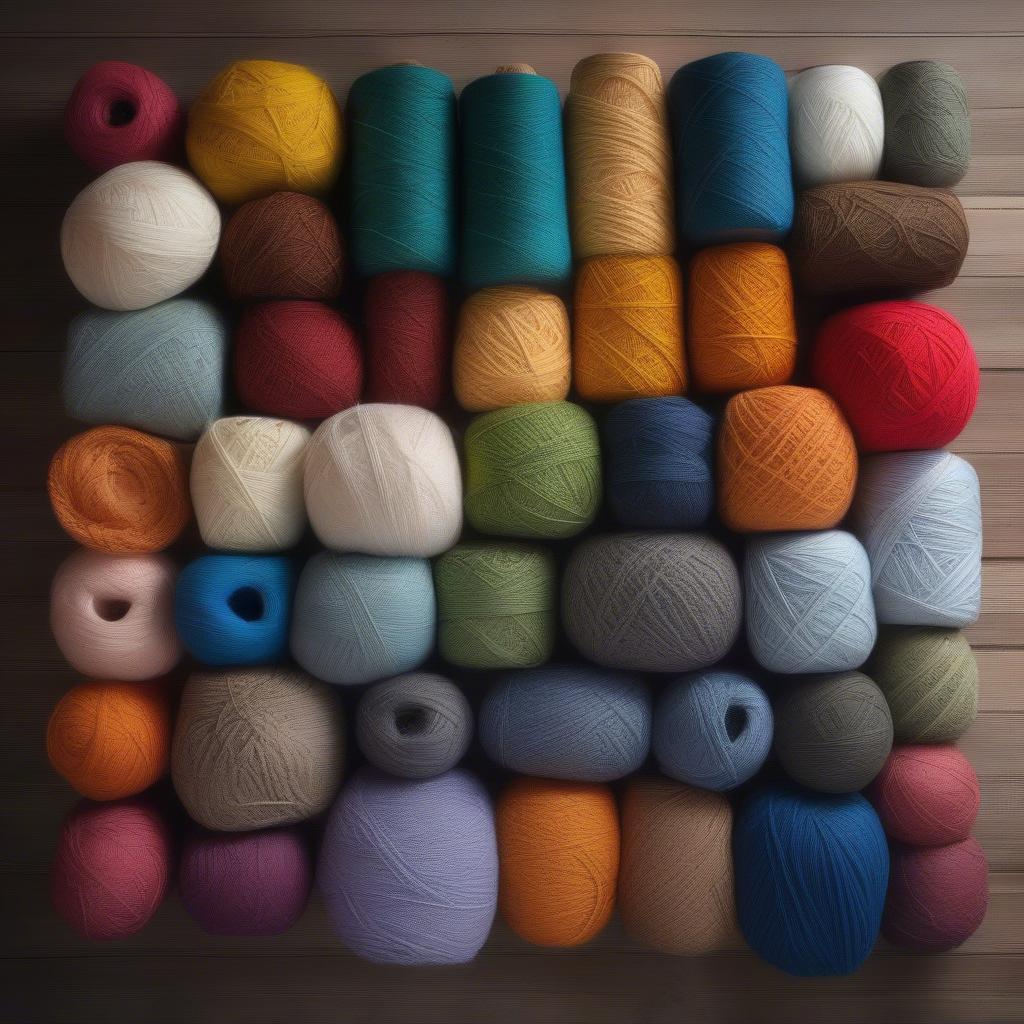 Various yarn colors and textures suitable for a basket weave log cabin project