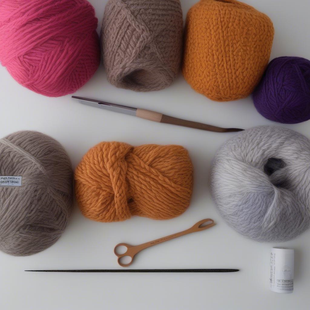 Various yarn skeins in different colors and textures suitable for a basket weave beanie.