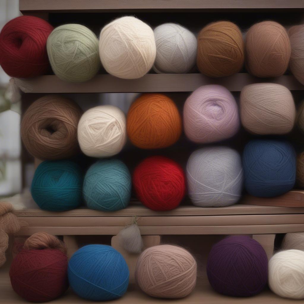 Various yarn balls in different colors and textures, suitable for knitting a basket weave hat.