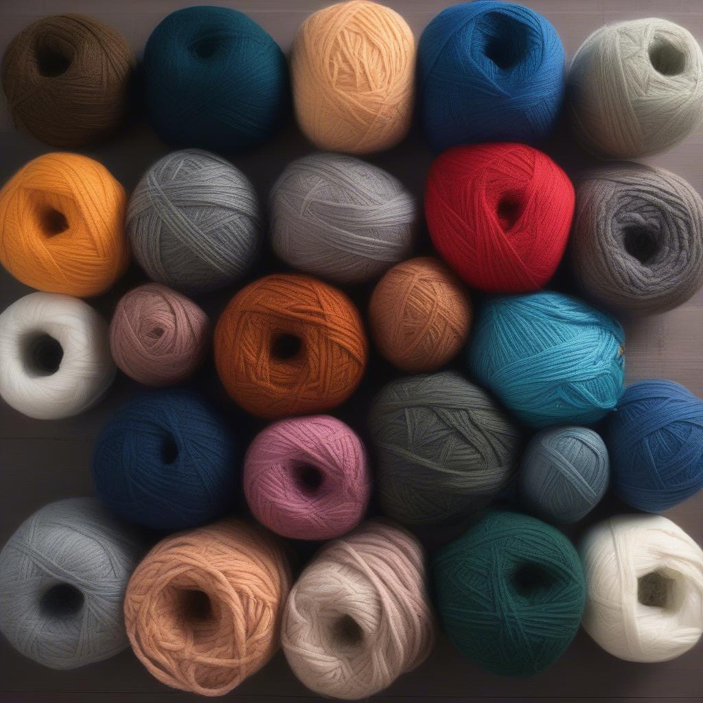 Various yarn options suitable for a knitted basket weave hat, including wool, cotton, and linen yarns in different weights and colors.