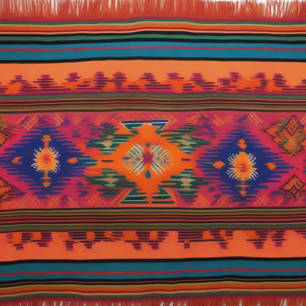 A vibrant Zapotec Indian woven table runner, showcasing intricate patterns and traditional motifs, adding a touch of cultural artistry to a dining table setting.