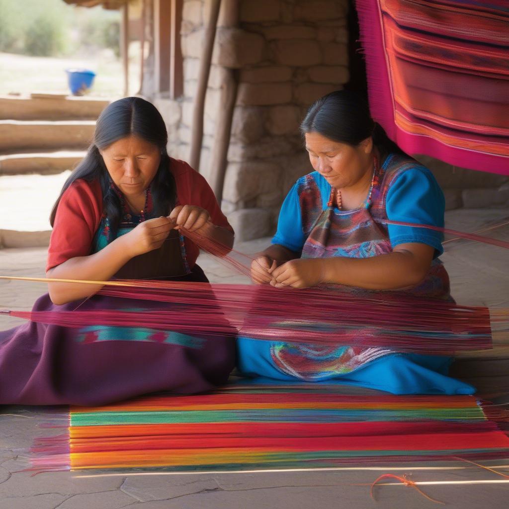 Zapotec women weaving traditional textiles on a backstrap loom