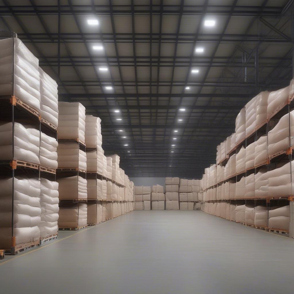 Stacked 10kg PP woven bags in a warehouse