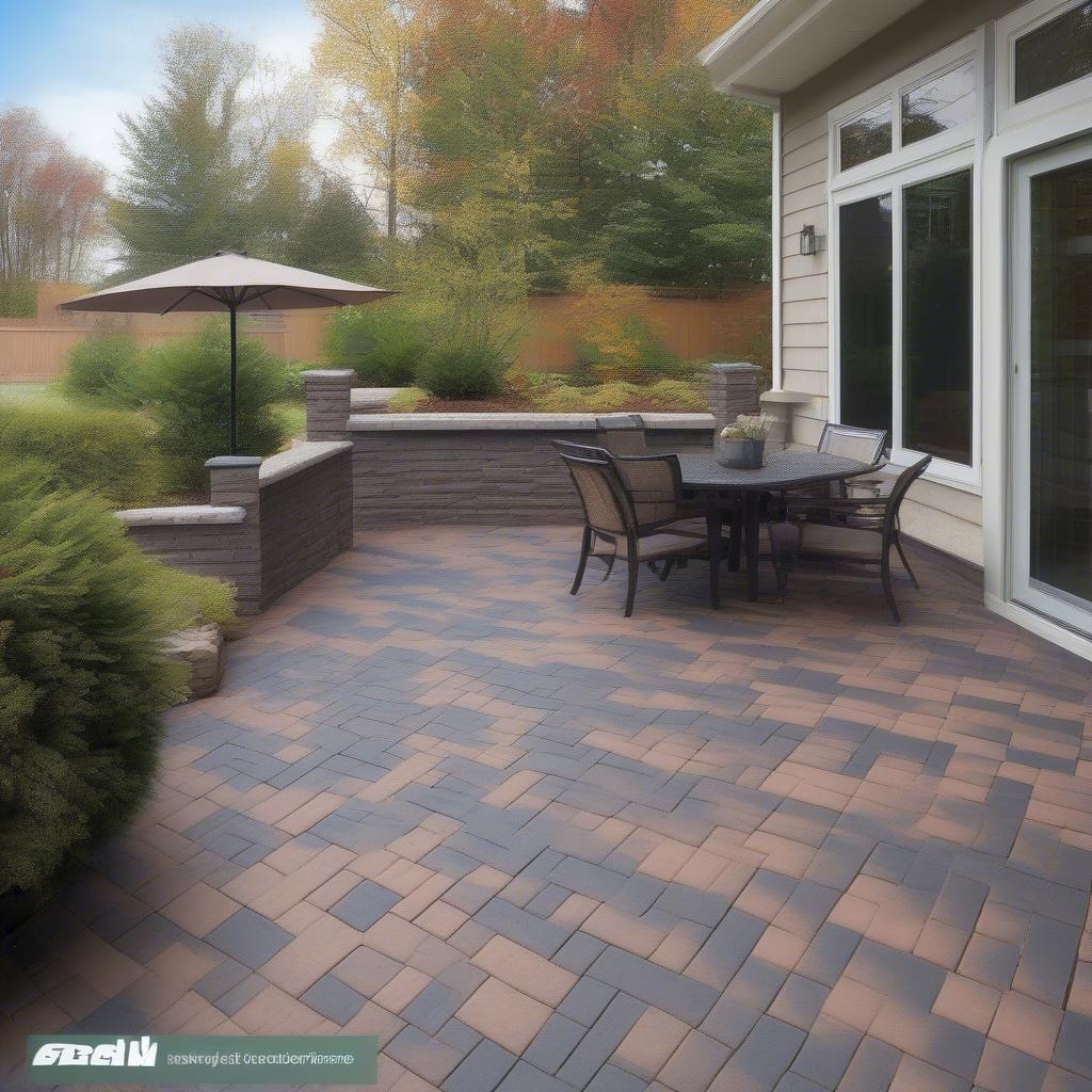 A patio paved with a 2-color basket weave pattern