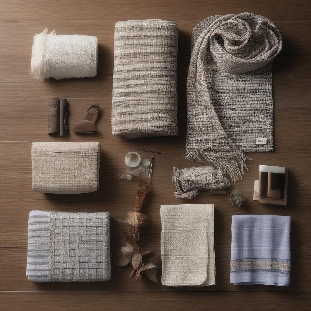 Various items made from 2x2 basket weave cloth, showcasing its diverse applications in clothing, home furnishings, and accessories.