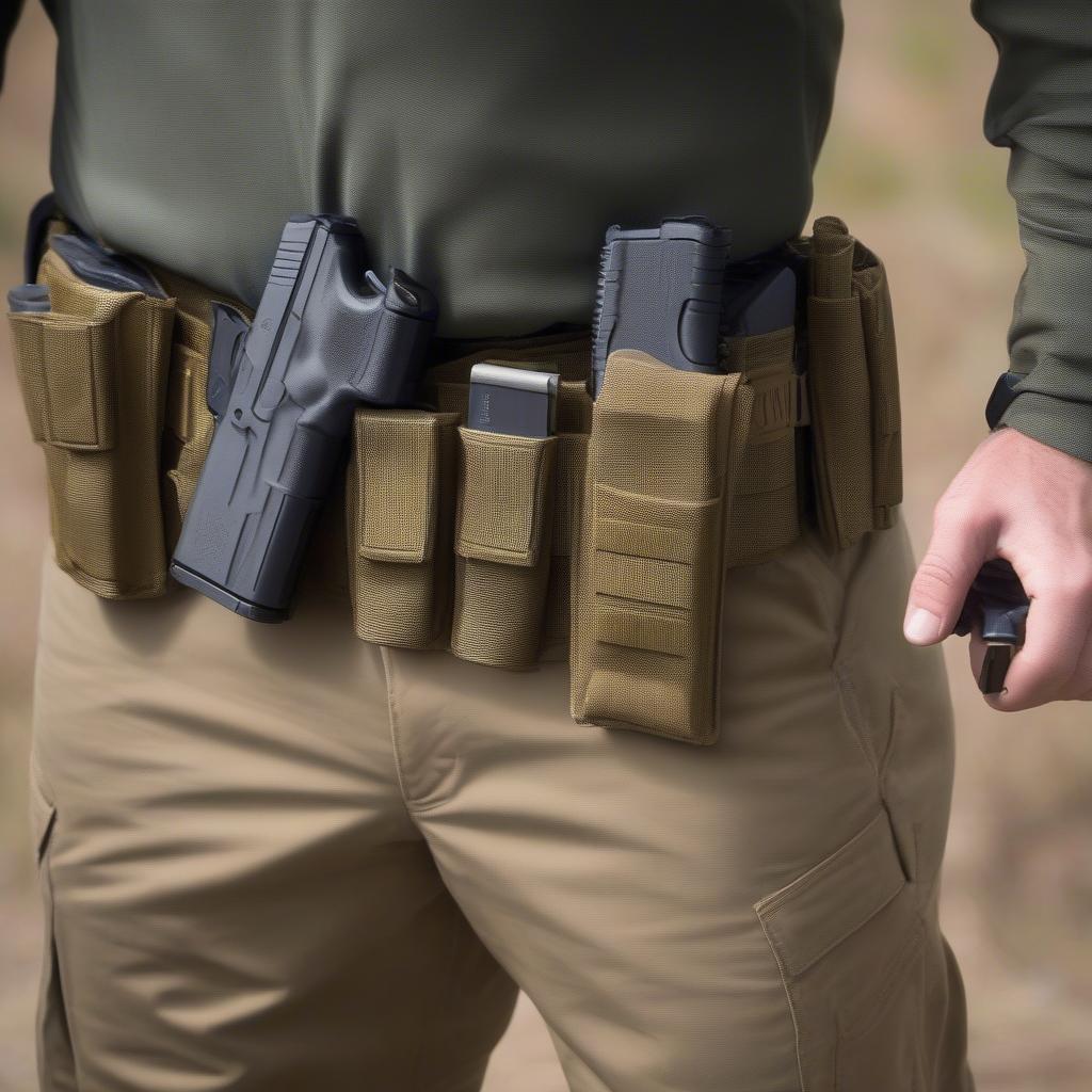 5.11 Tactical 1.5-inch Basket Weave Belt with Holster and Magazine Pouches Attached - Demonstrating its Functionality