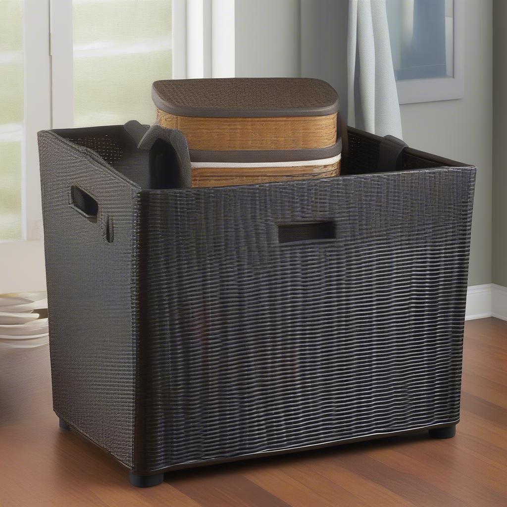 Stylish 56 gallon basket weave patio storage in a variety of materials and designs.