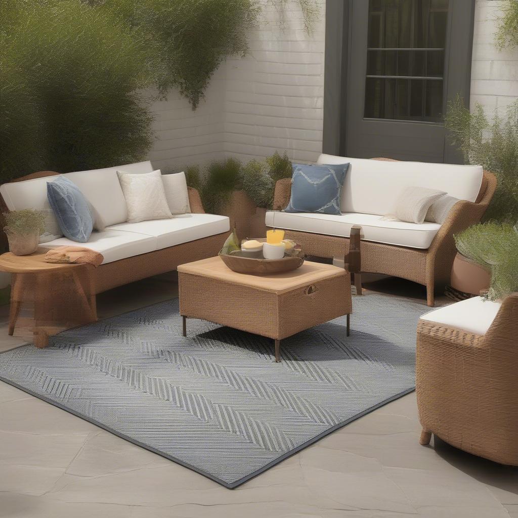 A 7x9 basket weave outdoor rug placed in a patio setting with furniture.