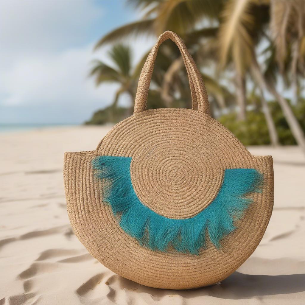 Abaca Round Woven Bag on the Beach