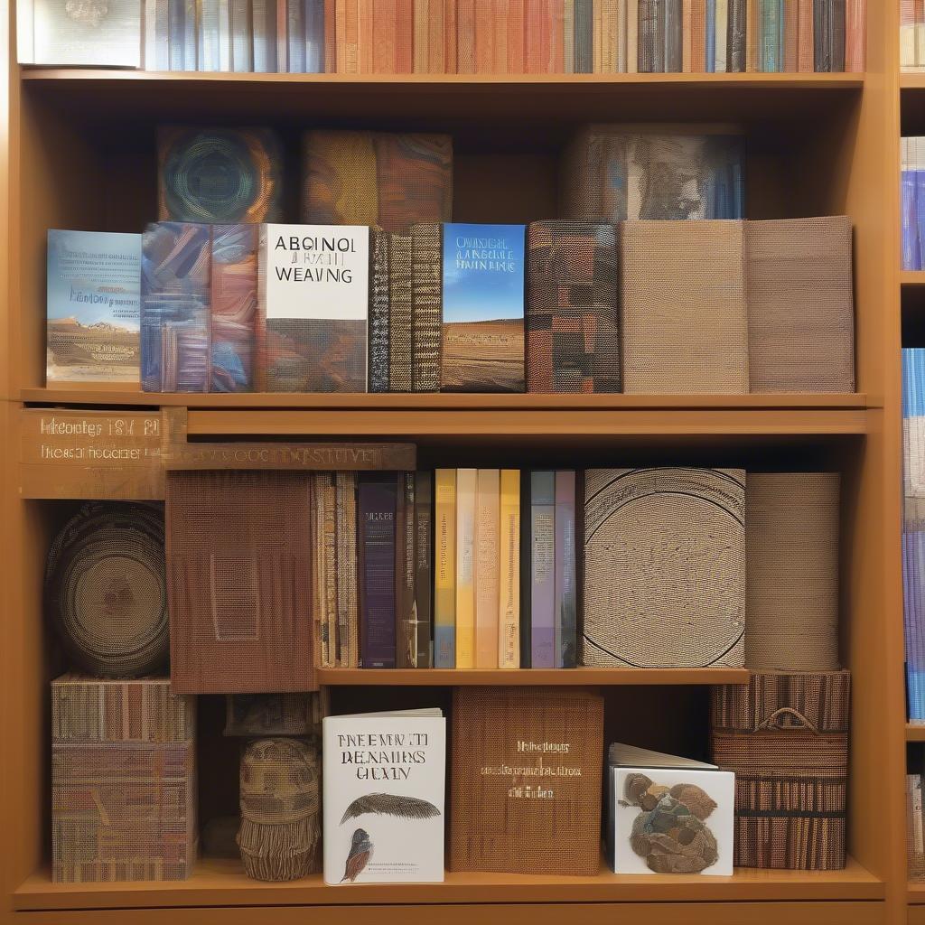 A collection of aboriginal basket weaving books displayed on a bookshelf, showcasing various cover designs and titles related to the art form.