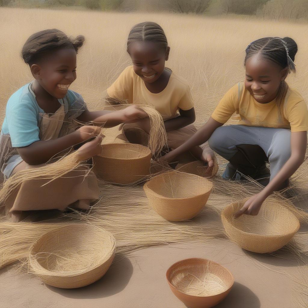 Kids Gathering Natural Fibers for Basket Weaving