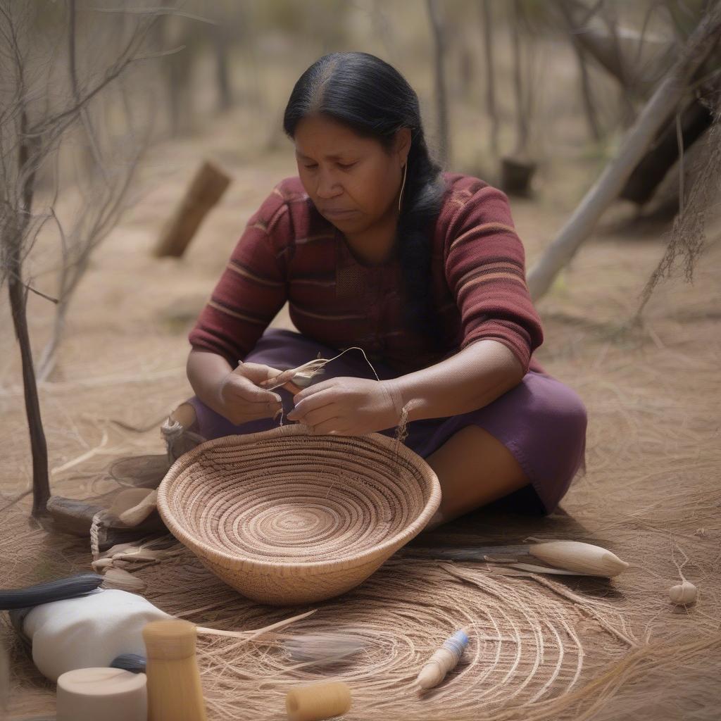 Aboriginal woman demonstrating the coil weaving technique