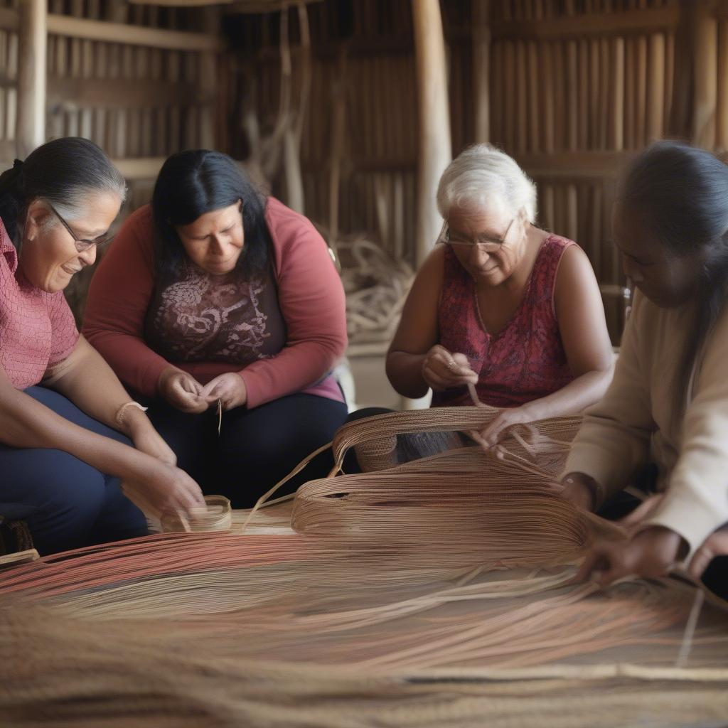 Group of people participating in an Aboriginal basket weaving workshop