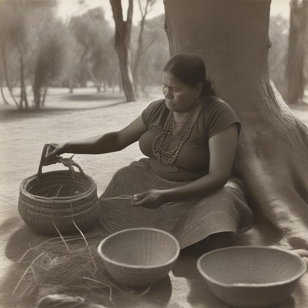 An Aboriginal woman sitting outdoors, weaving a basket using traditional techniques and natural materials.