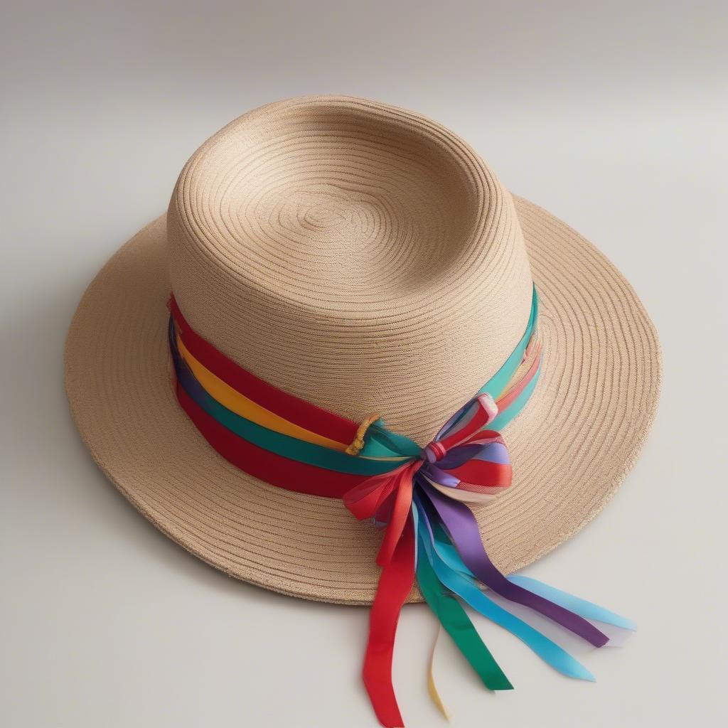 Adding embellishments to a finished woven hat, like a ribbon or feather.