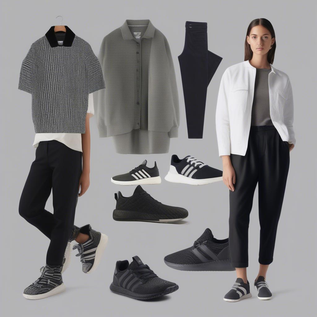 Different outfits styled with adidas black basket weave shoes