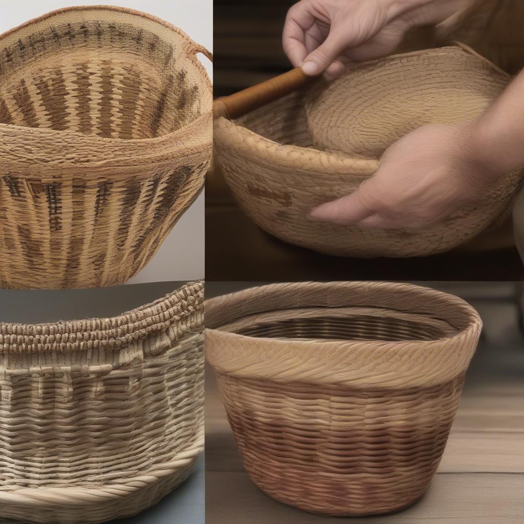 Advanced Basket Border Weaving Techniques: Close-up shots demonstrating the Four Rod Waling and French Rand techniques on different baskets.