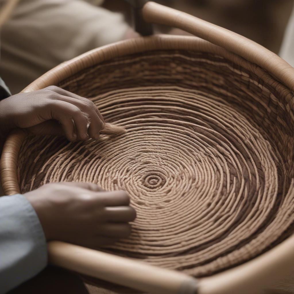 A complex basket being woven using a basket weaver wheel.