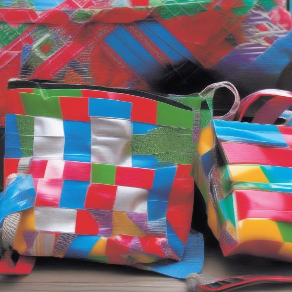 Examples of duct tape bags featuring advanced weaving patterns like basketweave and herringbone.