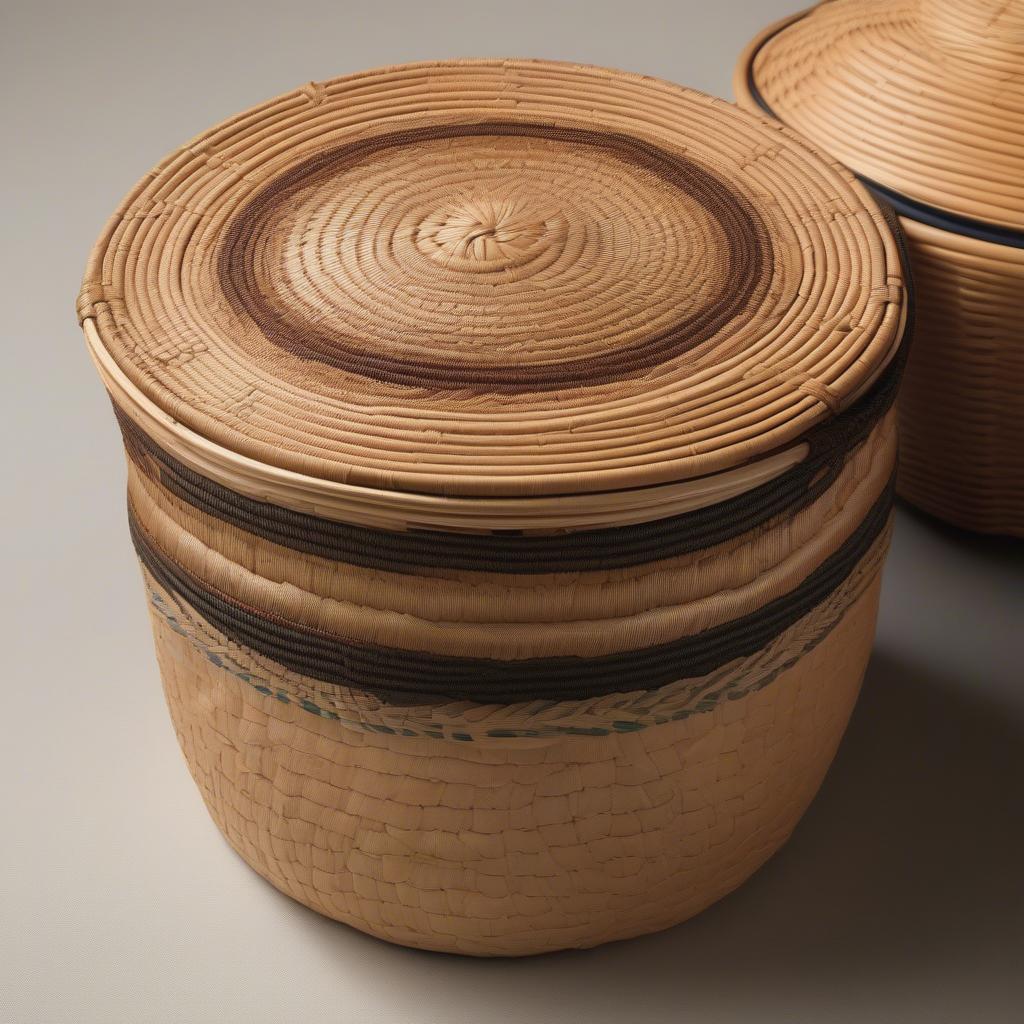 Close-up of a finished Nantucket basket with intricate weaving and a decorative lid.