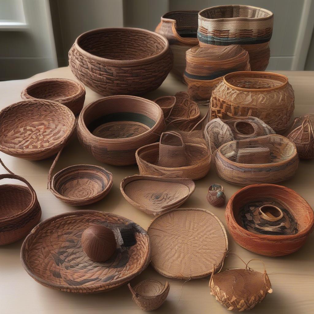 Examples of intricate pine needle baskets made using advanced weaving techniques