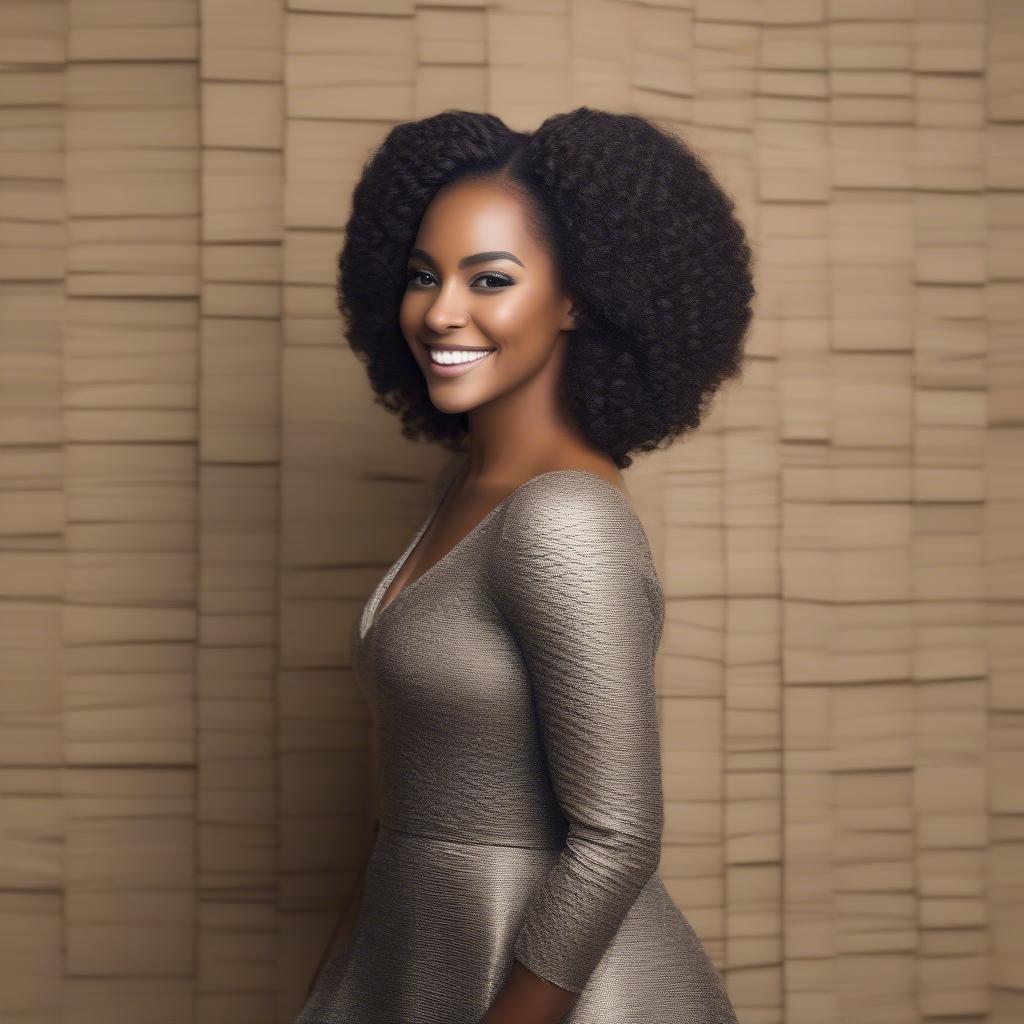 An African American woman confidently showcasing her basket weave hairstyle.