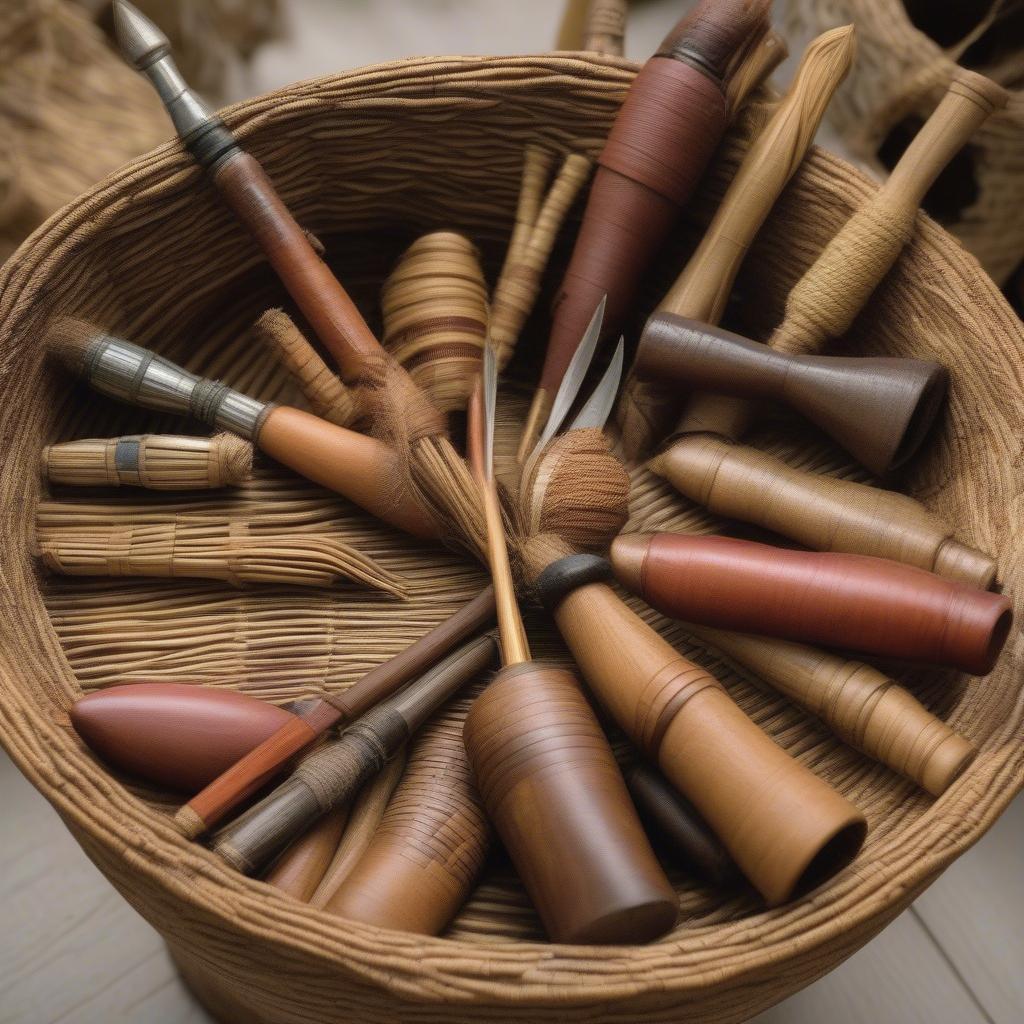 Close-up view of diverse basket weaving materials and tools