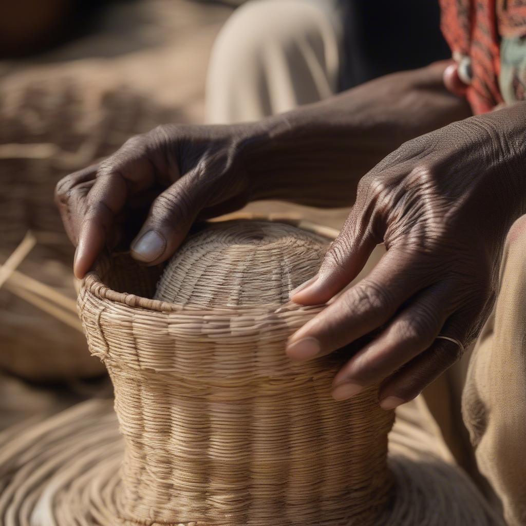 African woman expertly weaving a traditional basket using natural fibers.