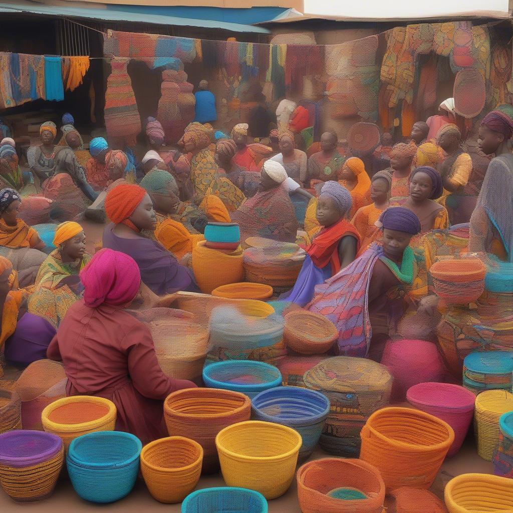 African women selling their handwoven baskets at a local market.