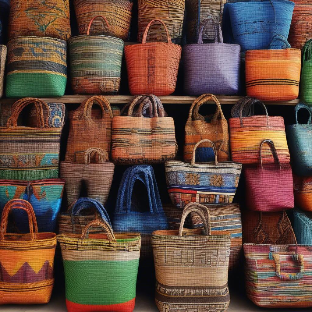 Colorful African Woven Shopping Bags Displayed in a Market