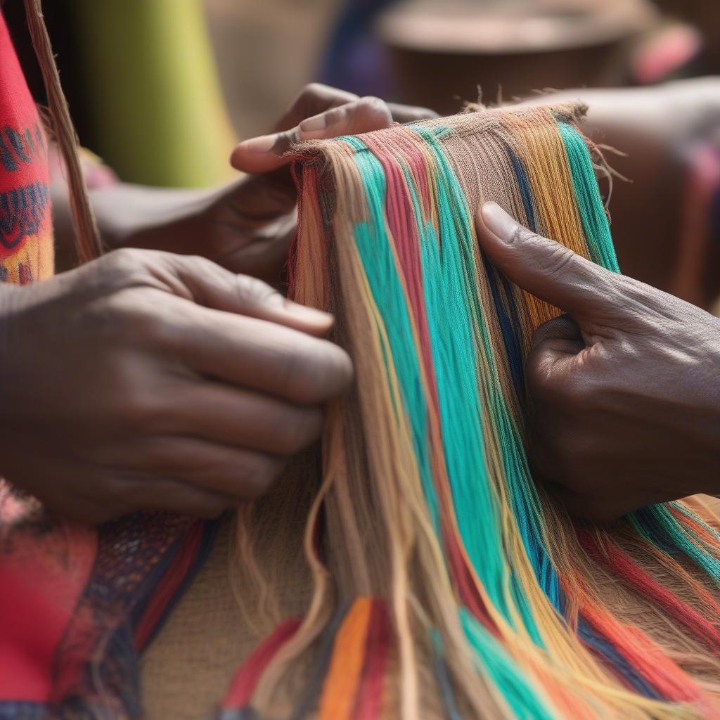 African artisans weaving intricate patterns on a shoulder bag