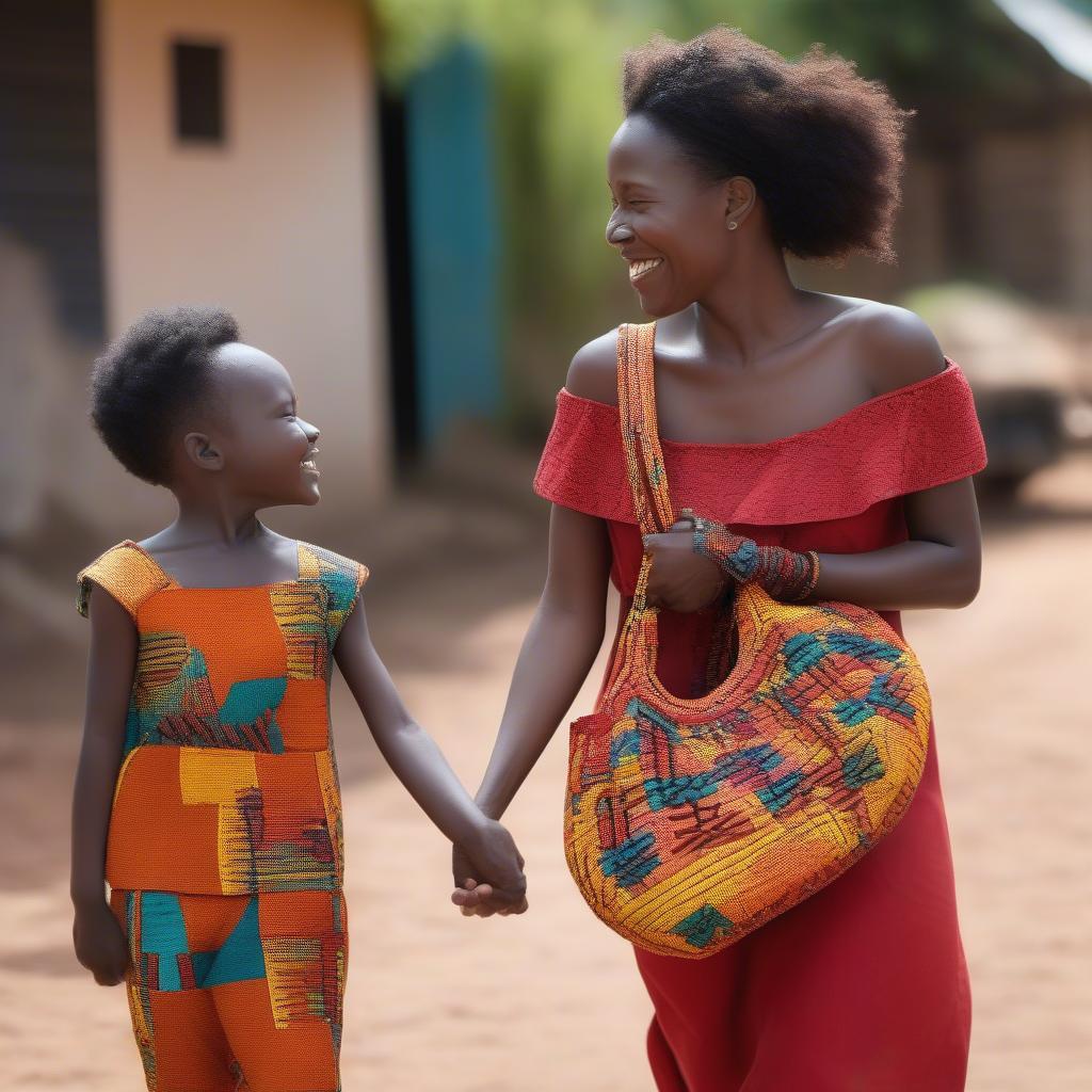 A woman wearing an African woven shoulder bag with a smiling child.