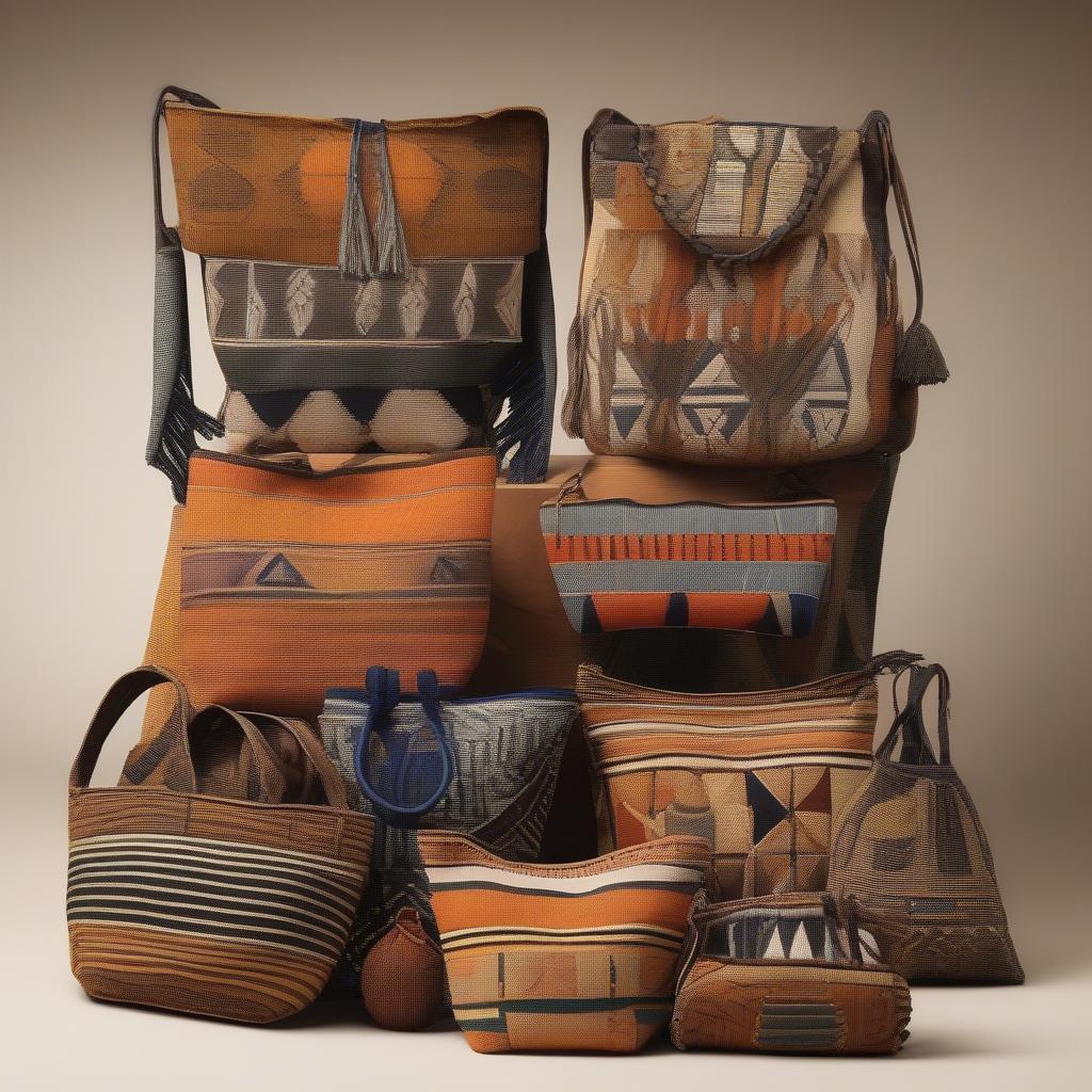 A variety of African woven shoulder bags showcasing different materials, sizes, and styles.