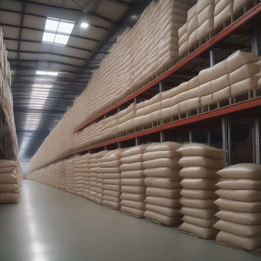 Agricultural PP Woven Bags Stacked in a Warehouse