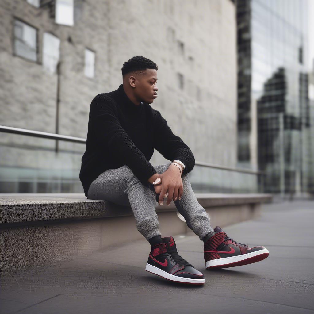 Air Jordan 1 Mid Basket Weave paired with a stylish outfit.