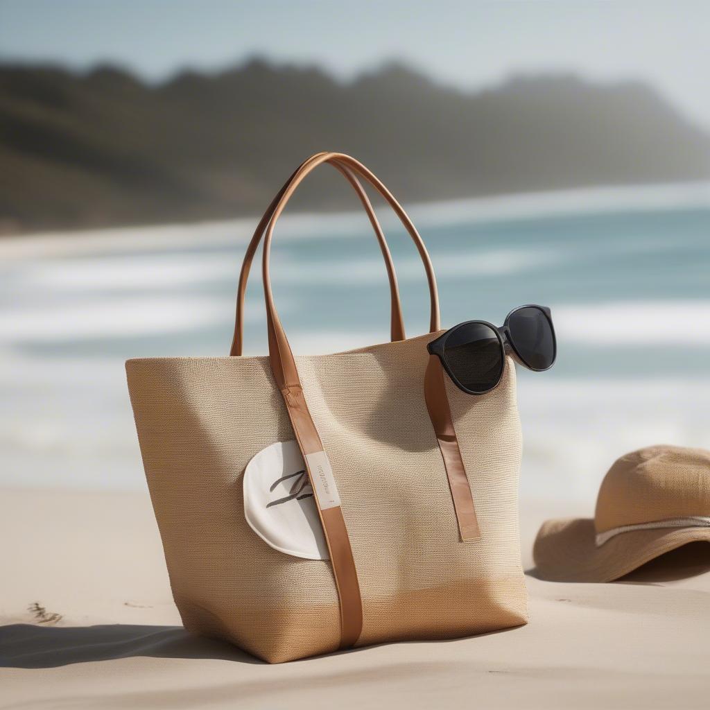 An aje woven tote bag in a beach setting