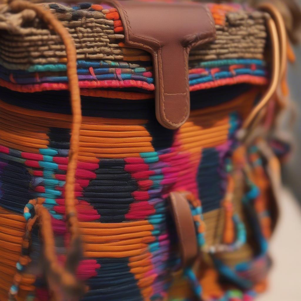 Close-up view of an Alaffia shoulder bag showcasing the intricate woven details.