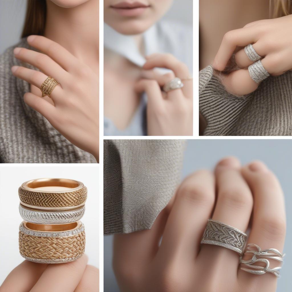 Different styling options for alisa basket weave rings: worn alone, stacked, and with different outfits