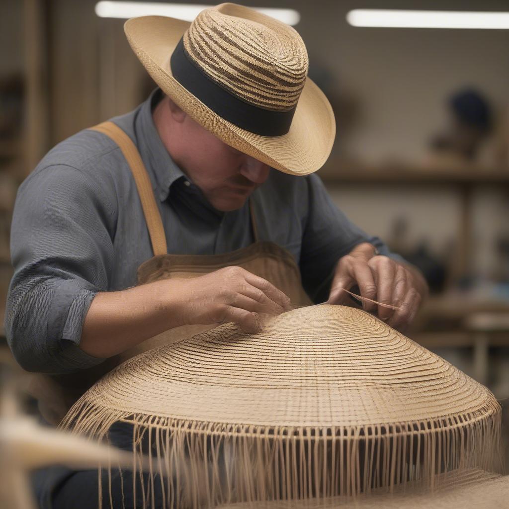 Artisan weaving a Tumbleweave hat at American Hat Co.