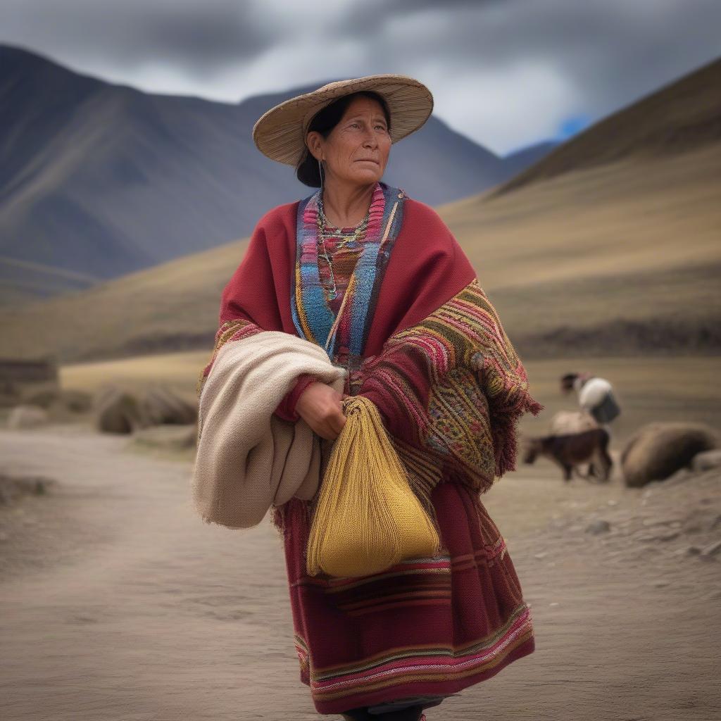 An Andean woman carrying a traditional handwoven market bag, showcasing the bag's practical use and cultural significance.