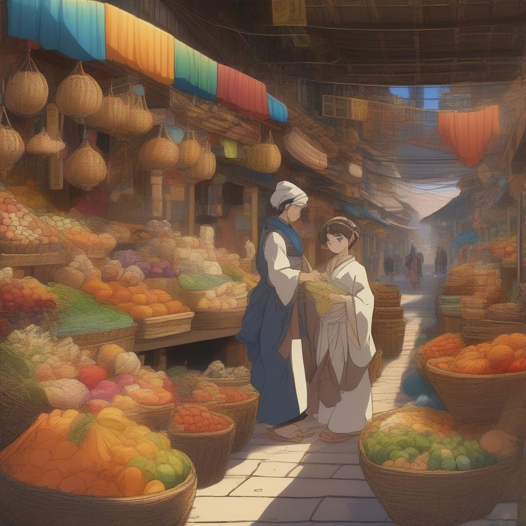 Anime Depicting Basket Weaving in a Market Scene