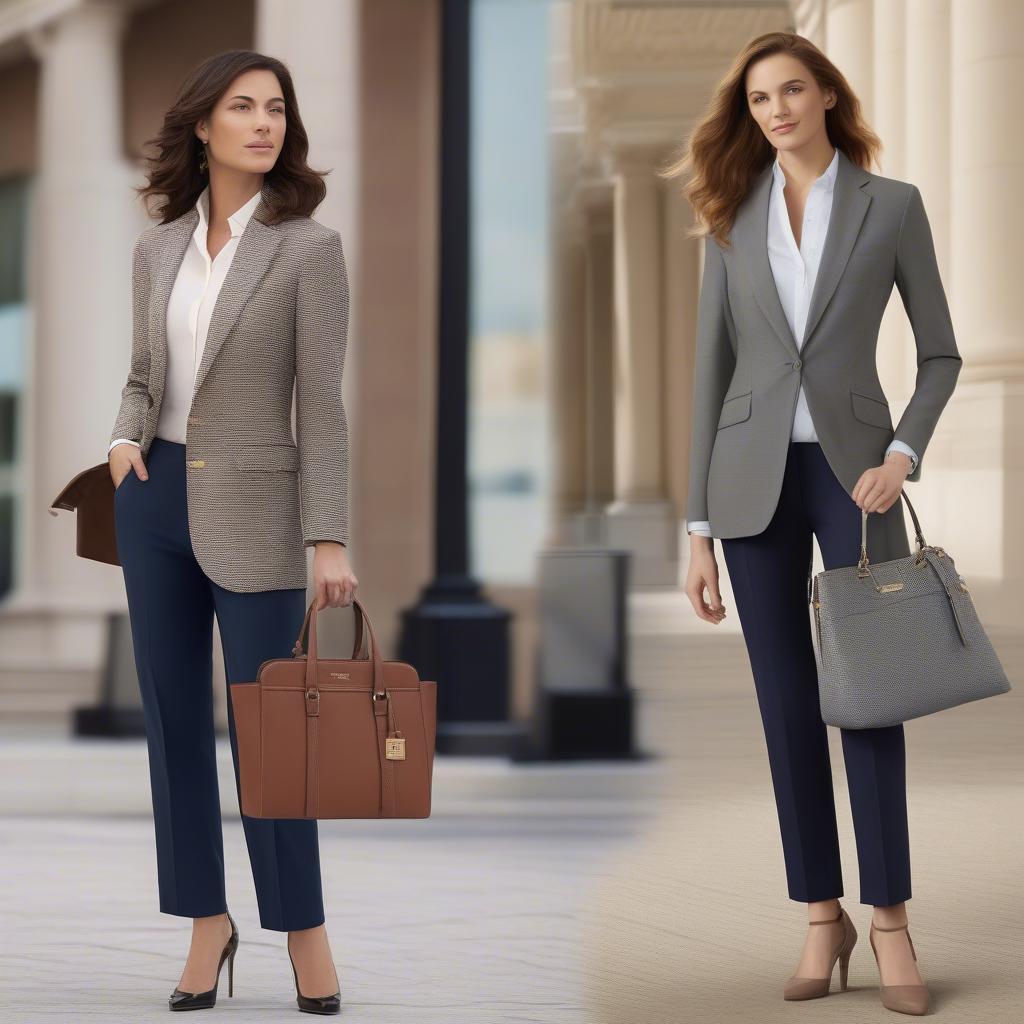 Various outfit ideas showcasing the versatility of the Anne Klein basket weave handbag.  Examples include a professional look with a suit and a casual look with jeans and a t-shirt.