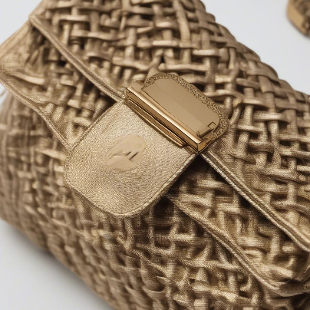 Close-up of the Anthropologie Gold Woven Foldover Bag