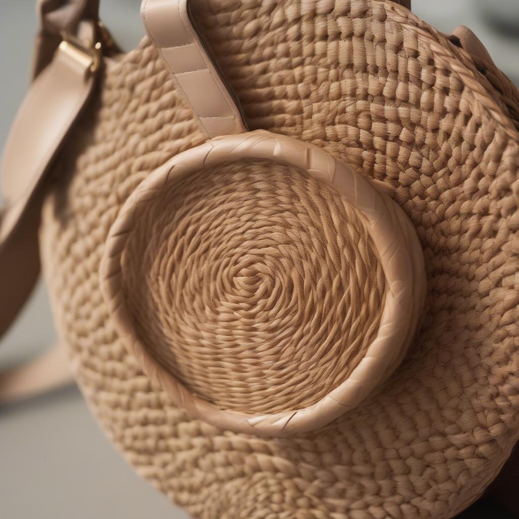 Close-up view of the Anthropologie Kelsey woven circle bag showcasing the intricate weaving details and natural materials