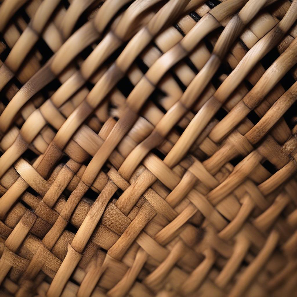 Close-up of an antique bamboo basket showcasing the intricate diamond pattern weave