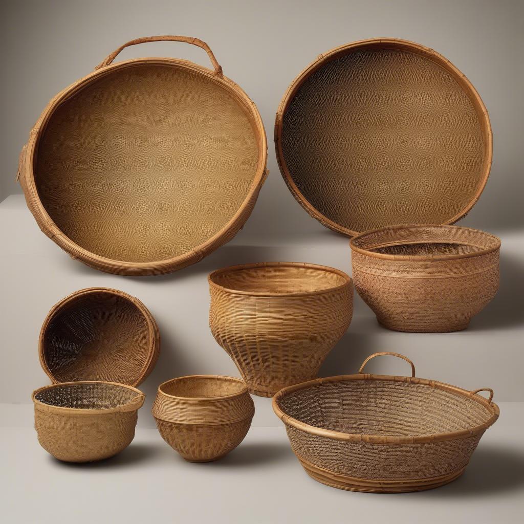 A collection of antique bamboo baskets with diamond pattern weave showcasing different styles and sizes