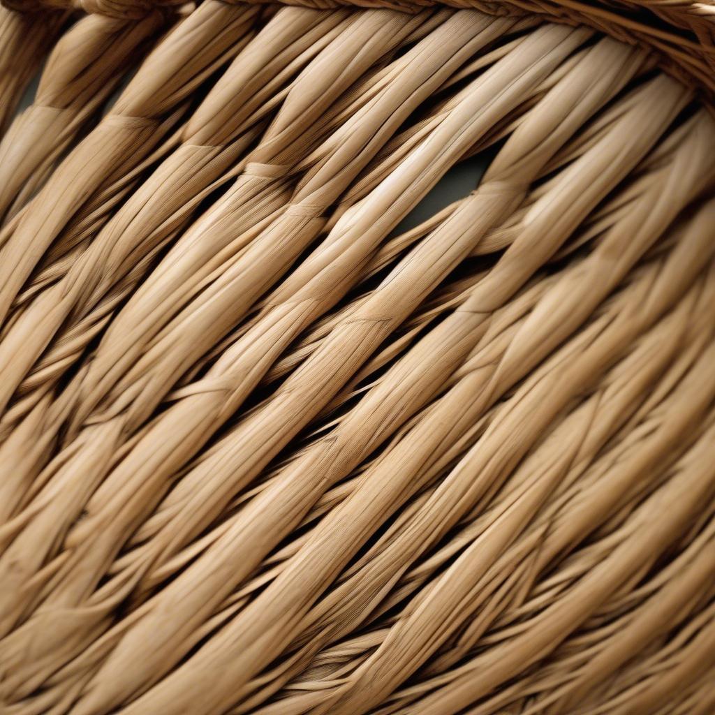 Close-up of an antique basket showcasing the intricate diamond weave pattern